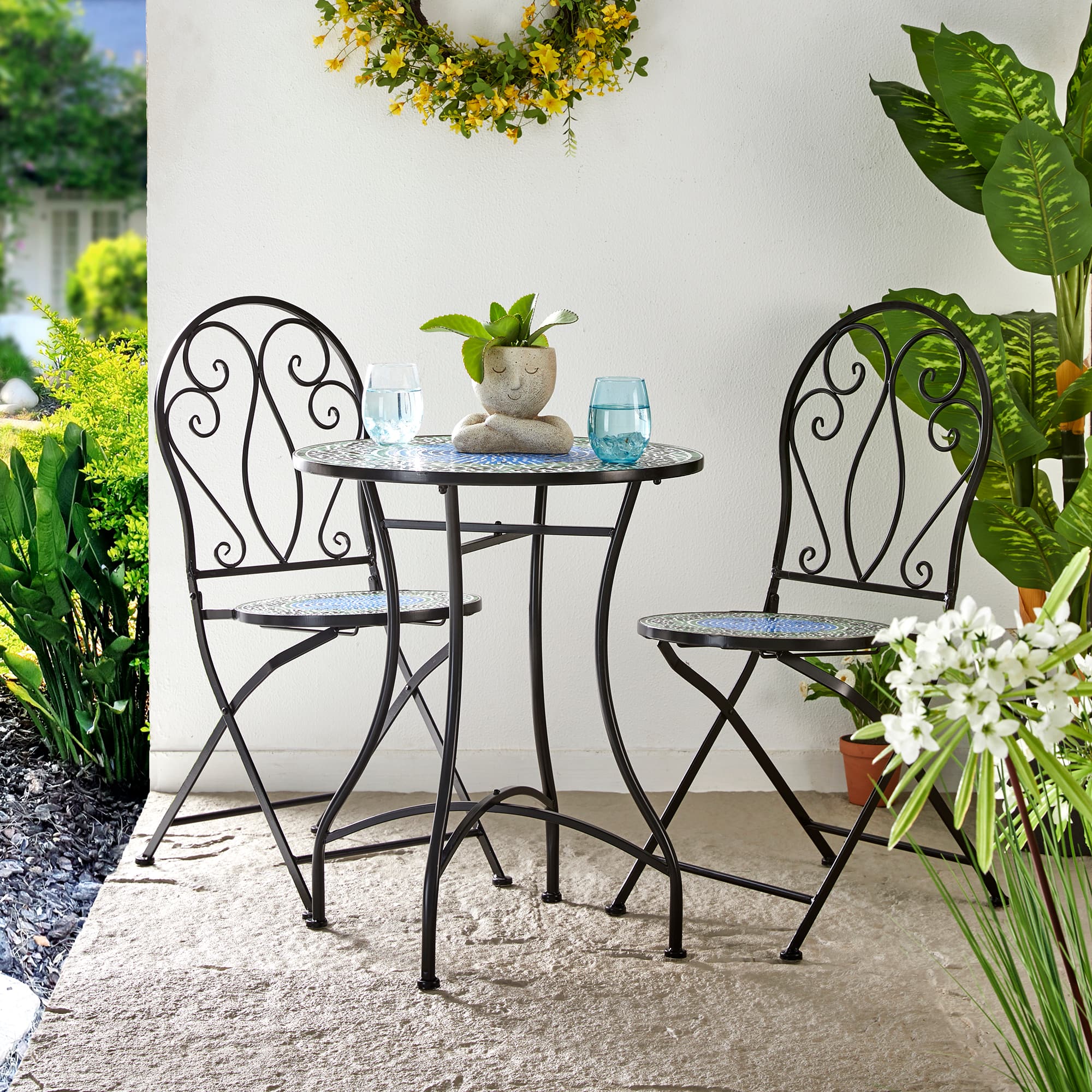 Glitzhome® 36.5" Green Outdoor Metal Folding Bistro Chairs with Ceramic Tiles Seat, 2ct.